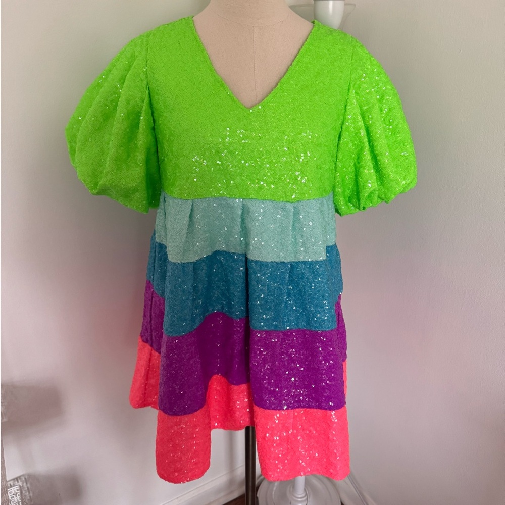 QUEEN OF SPARKLES Neon Green Aqua Blue Purple Coral Stripe Sequin Mini Dress - Picture 5 of 7